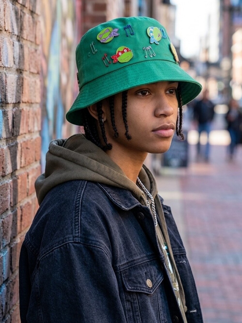​Y2K TMNT Green Bucket Hat with Custom Pins & Safety Pins Original Creation